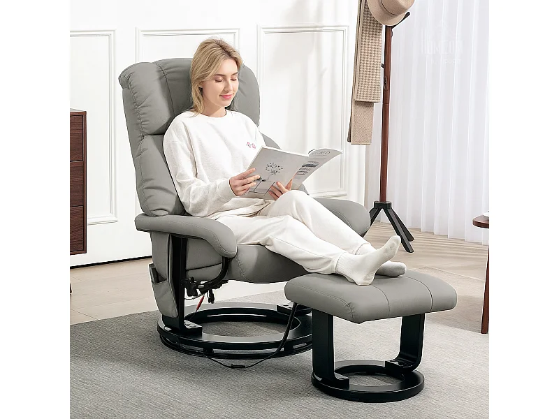 Sillón eléctrico reclinable con masaje y reposapiés en polipiel para salón, color gris
