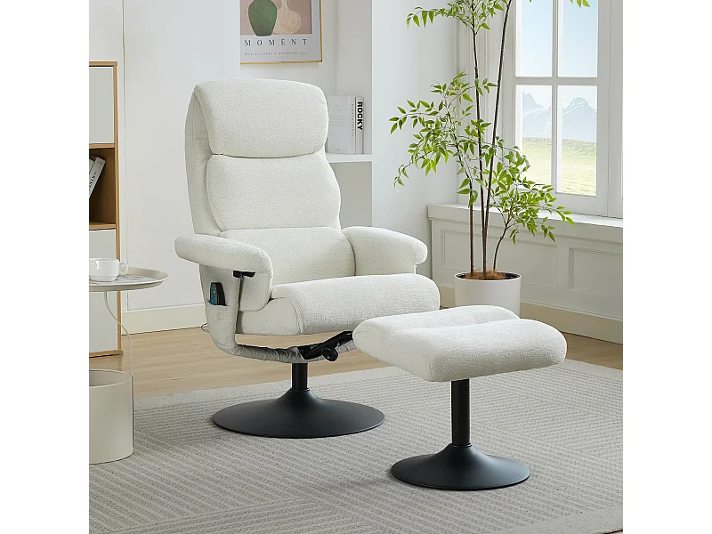 Poltrona de massagem relaxante com aquecimento e apoio para os pés, giratória 360°, chenille, sala de estar e quarto, branca