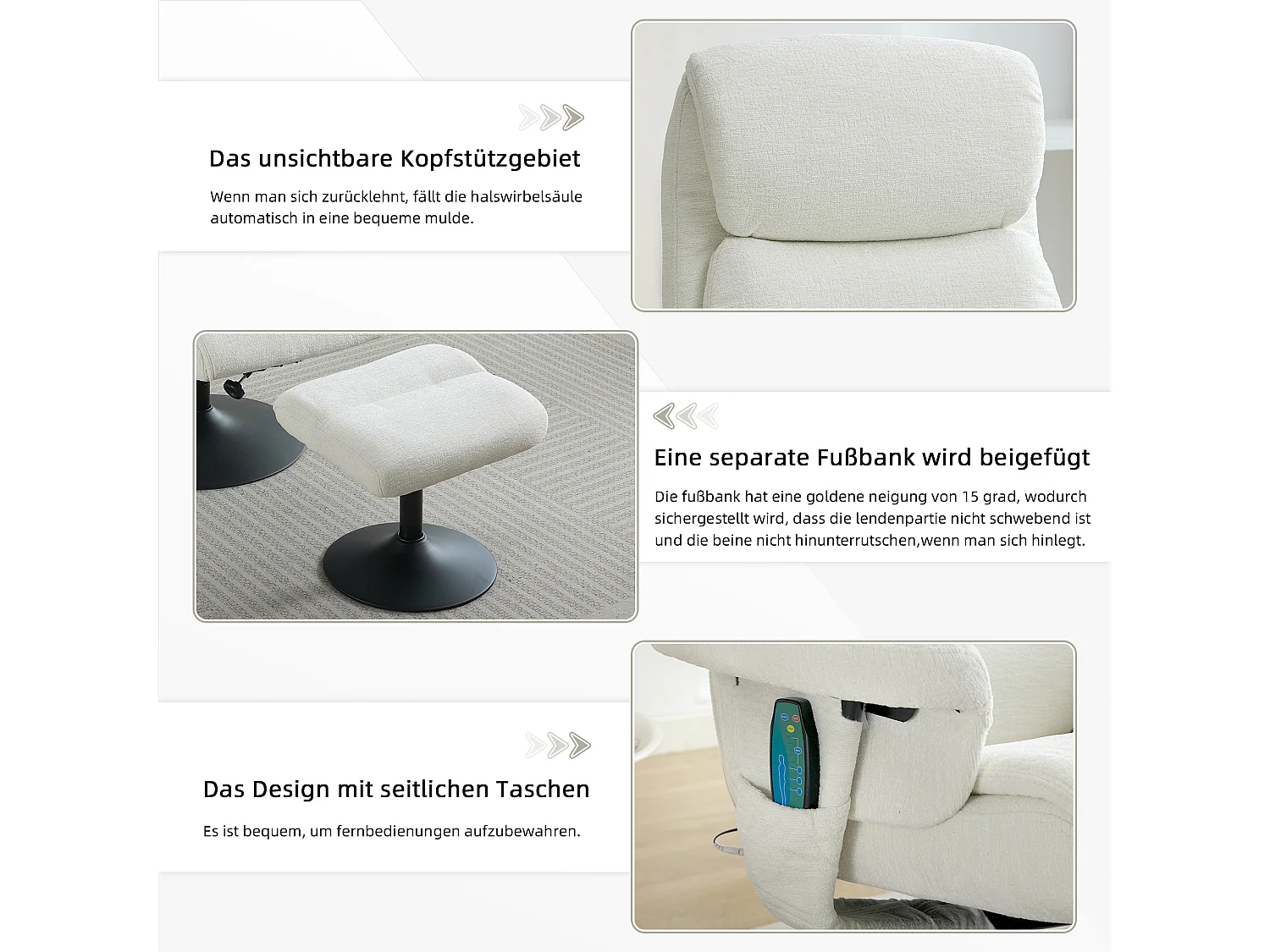 Fauteuil Relax Massant con Chauffage et Repose-Pieds, Pivot 360°, Chenille, Salon et Chambre, Bianco