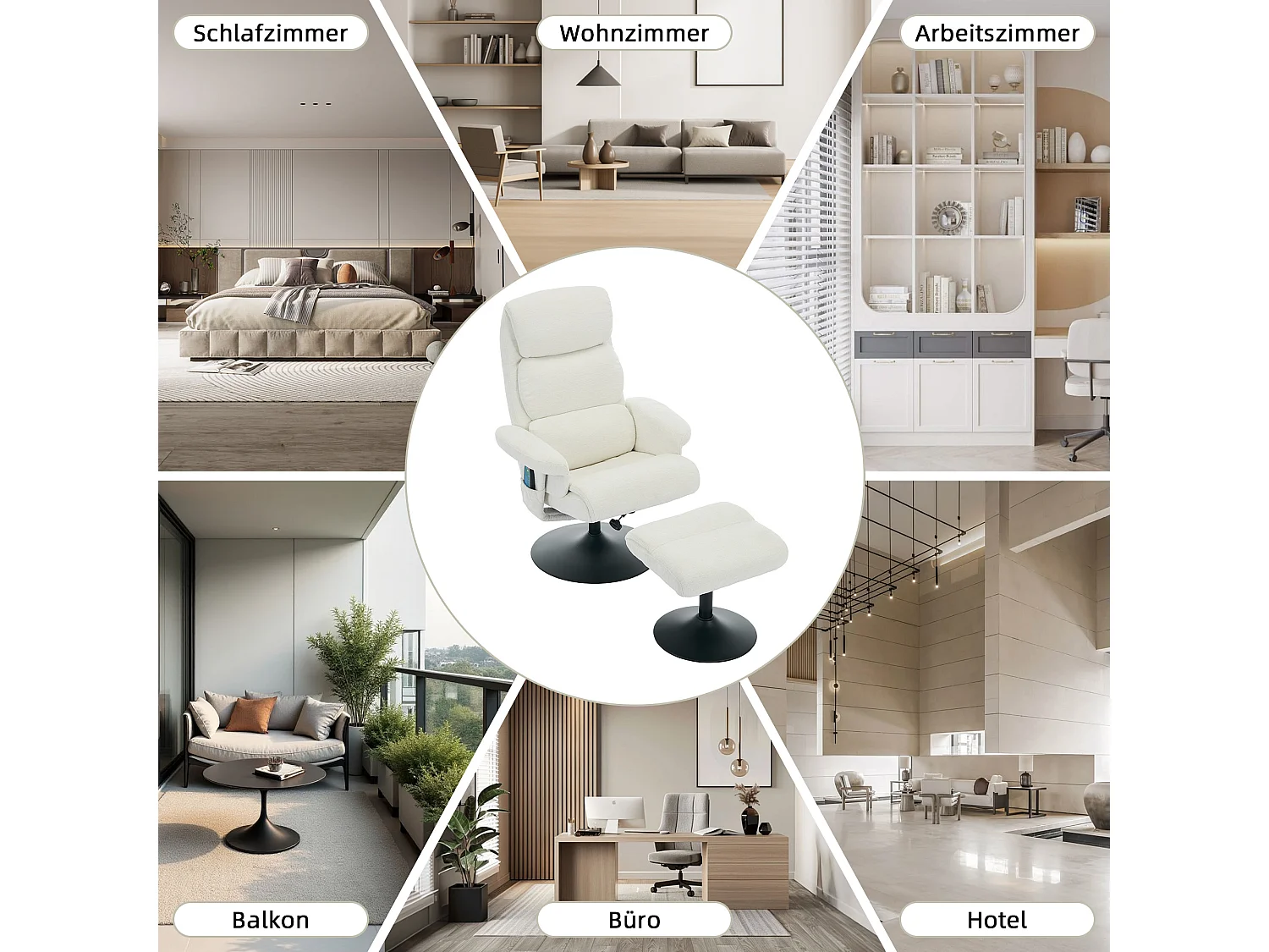 Fauteuil Relax Massant con Chauffage et Repose-Pieds, Pivot 360°, Chenille, Salon et Chambre, Bianco