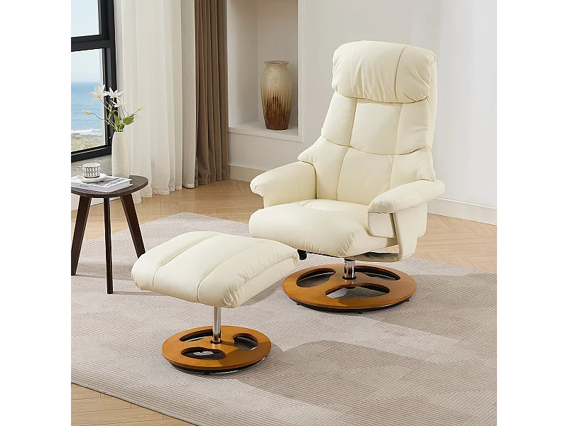 Poltrona de massagem relaxante com aquecimento e apoio para os pés, giratória 360°, PU, sala de estar e escritório, branca