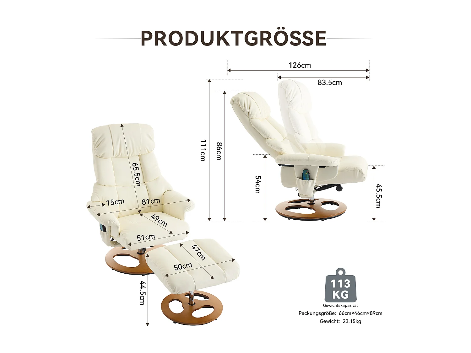 Fauteuil Relax Massant con Chauffage et Repose-Pieds, Pivot 360°, PU, ​​Salon et Bureau, Bianco