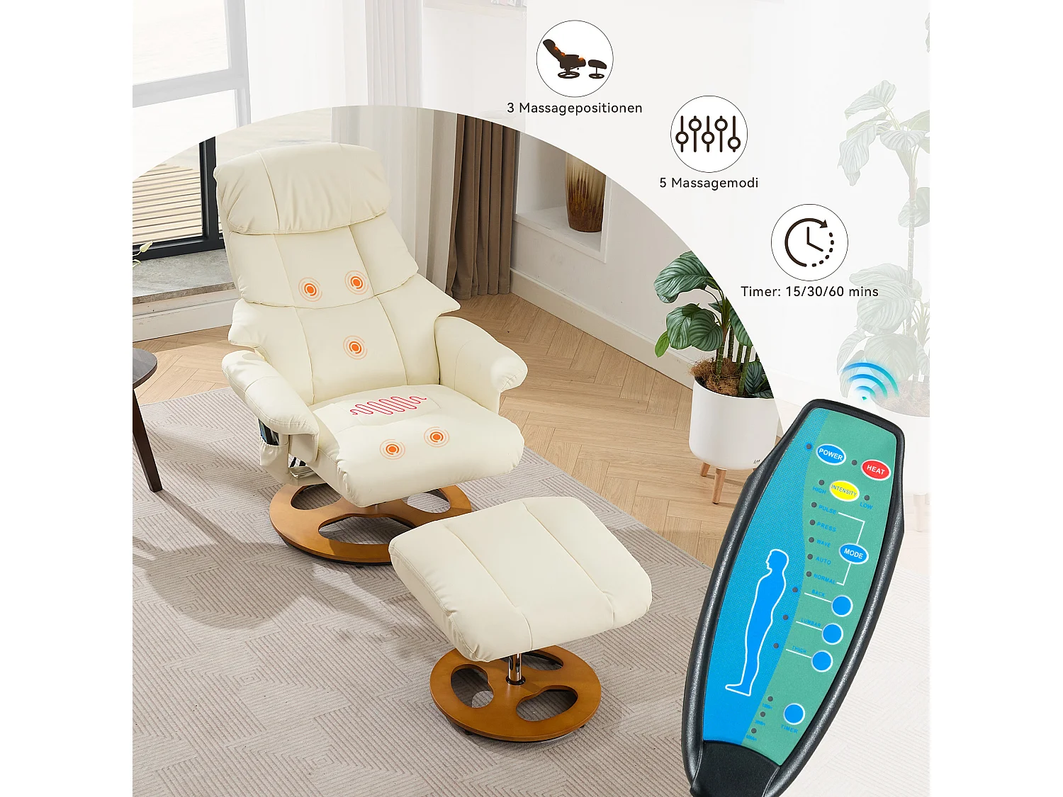 Fauteuil Relax Massant con Chauffage et Repose-Pieds, Pivot 360°, PU, ​​Salon et Bureau, Bianco