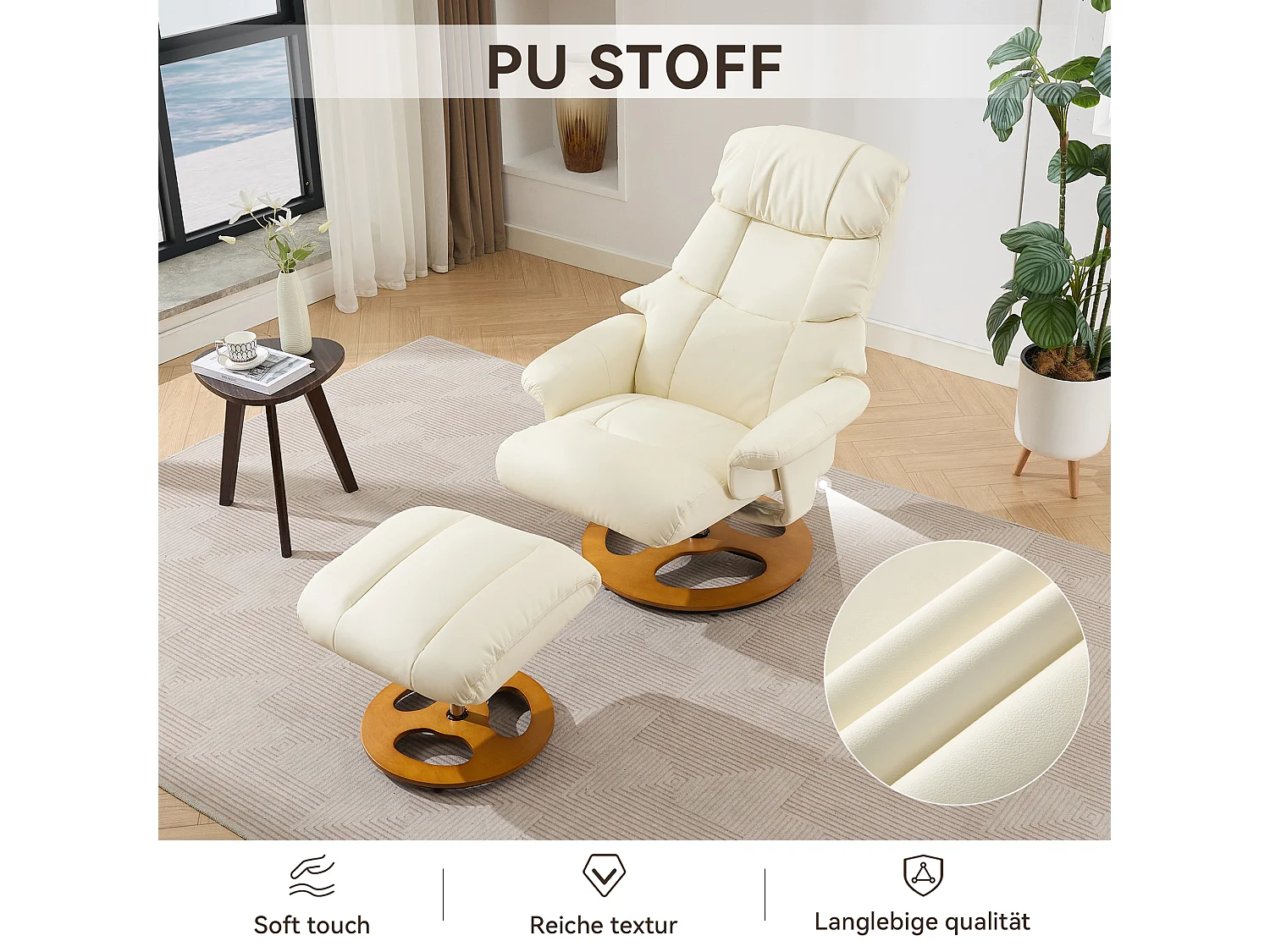 Fauteuil Relax Massant con Chauffage et Repose-Pieds, Pivot 360°, PU, ​​Salon et Bureau, Bianco