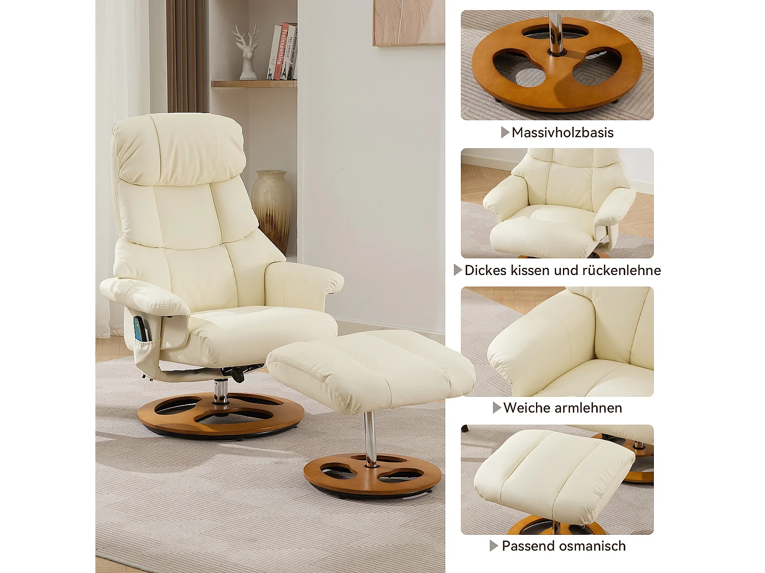 Fauteuil Relax Massant con Chauffage et Repose-Pieds, Pivot 360°, PU, ​​Salon et Bureau, Bianco