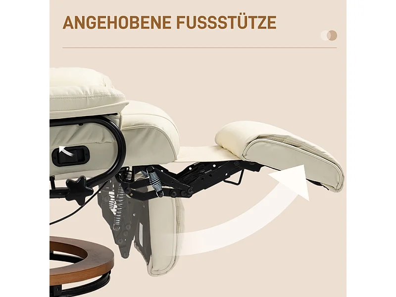 Fauteuil relax inclinable pivotant cuir synthétique avec repose‑pieds crème 150 kg