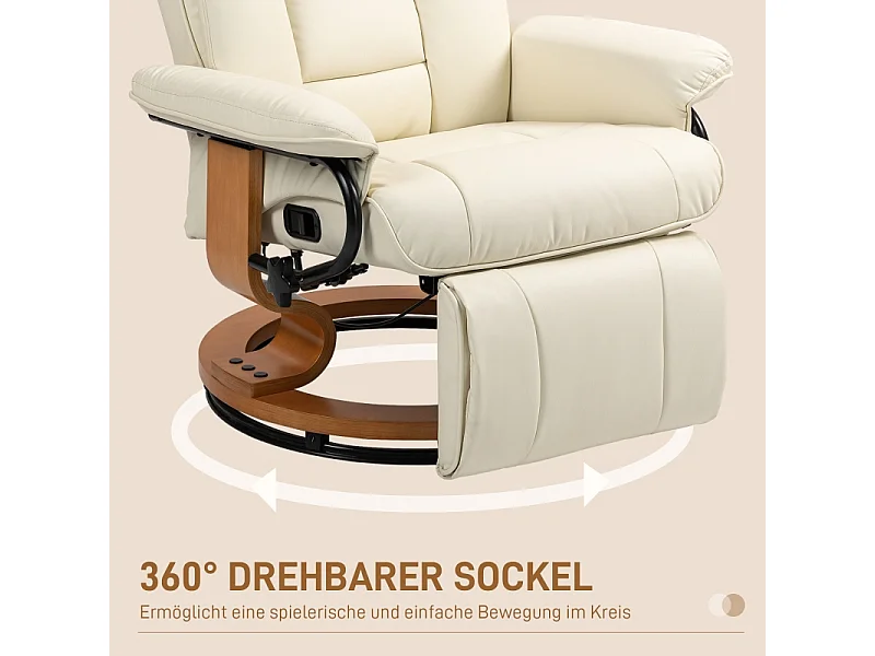 Fauteuil relax inclinable pivotant cuir synthétique avec repose‑pieds crème 150 kg