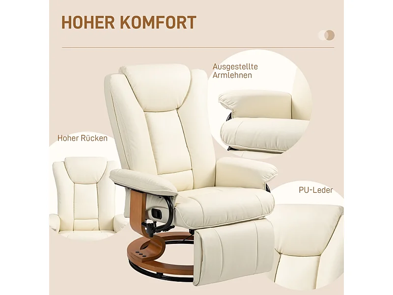 Fauteuil relax inclinable pivotant cuir synthétique avec repose‑pieds crème 150 kg