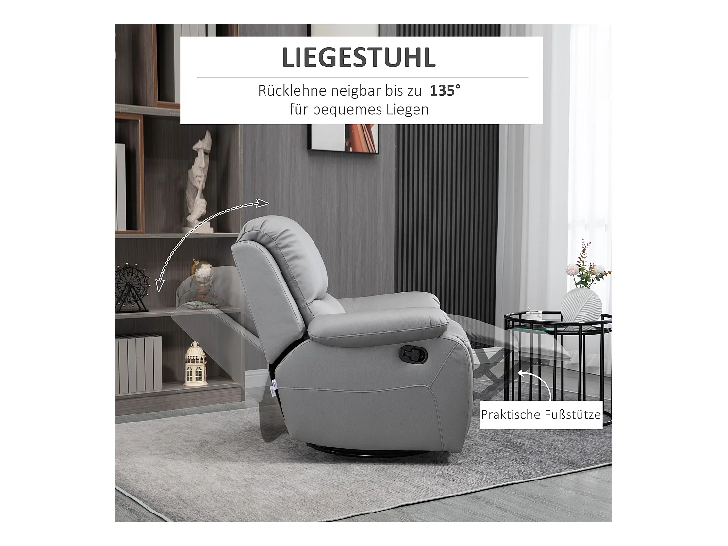 Sillón relax giratorio 135° con reposapiés, poliéster gris, 72x71x60cm, salón