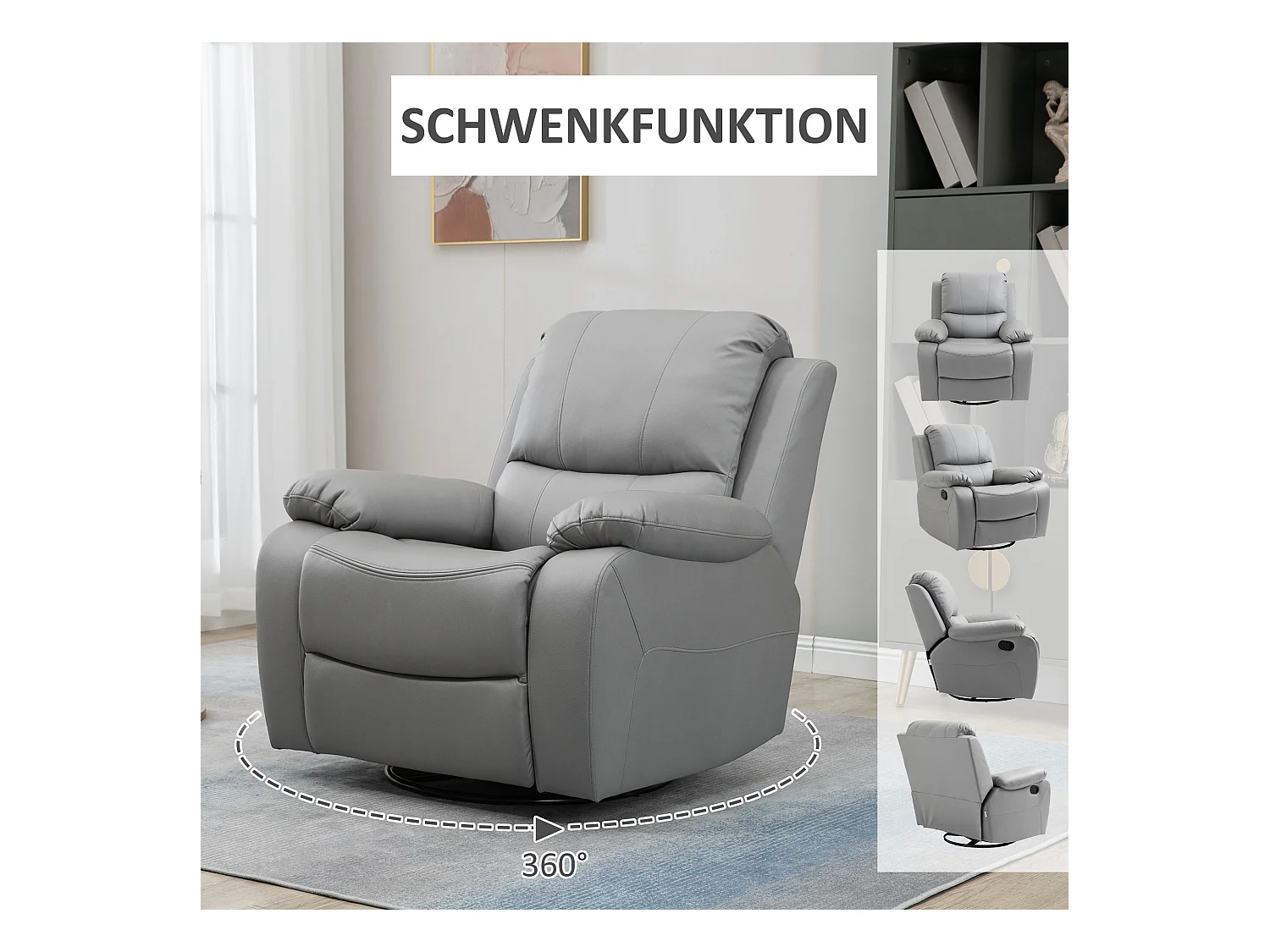 Sillón relax giratorio 135° con reposapiés, poliéster gris, 72x71x60cm, salón