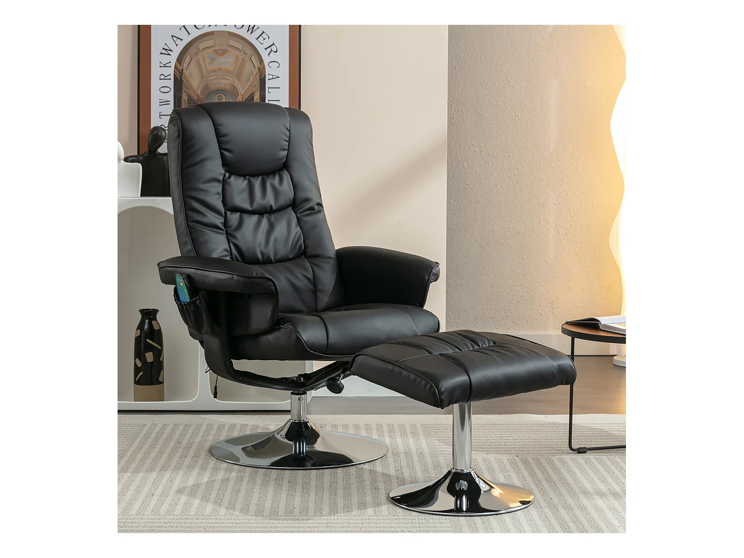 Sillón de masaje de PU con reposapiés de 5 puntos para sala de estar y dormitorio, color negro