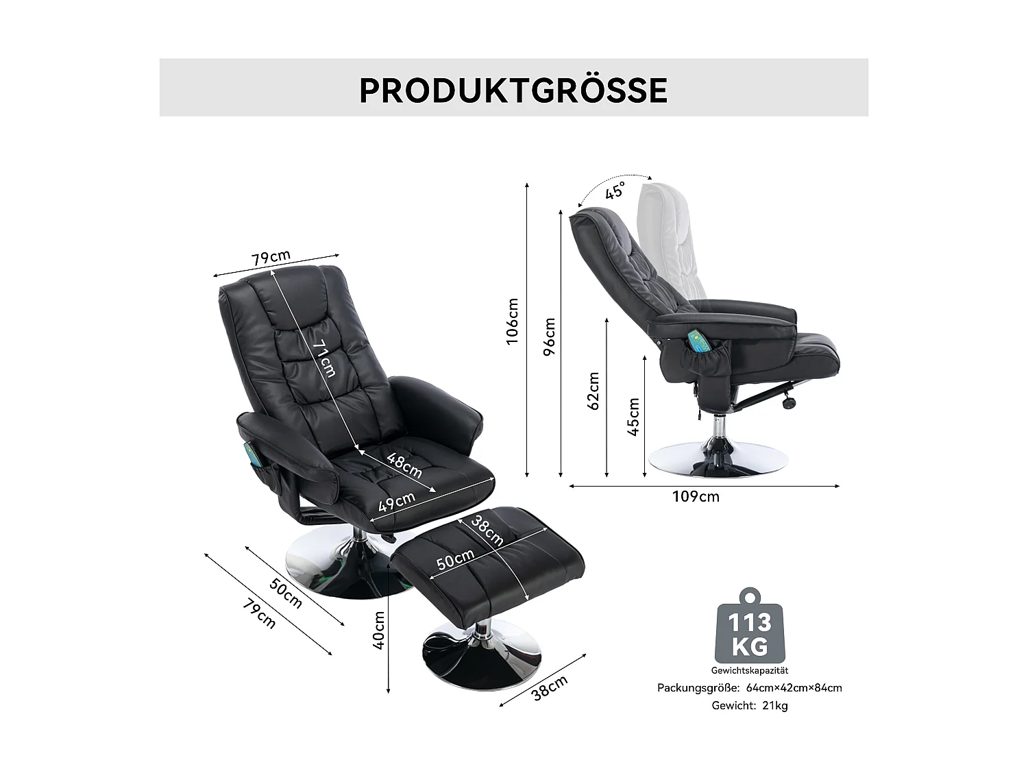Fauteuil massaggio PU avec repose-pieds 5 punti pour salon chambre noir