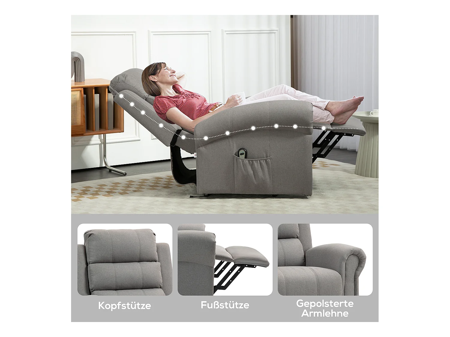 Sillón reclinable eléctrico con elevación, masaje, calefacción y muelles ensacados para salón