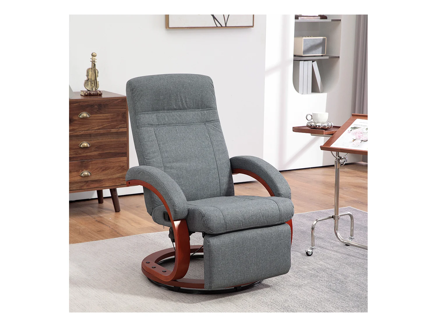 Fauteuil relax TV pivotant avec repose-pieds et accoudoirs bois, tissu gris, 68x86x100 cm