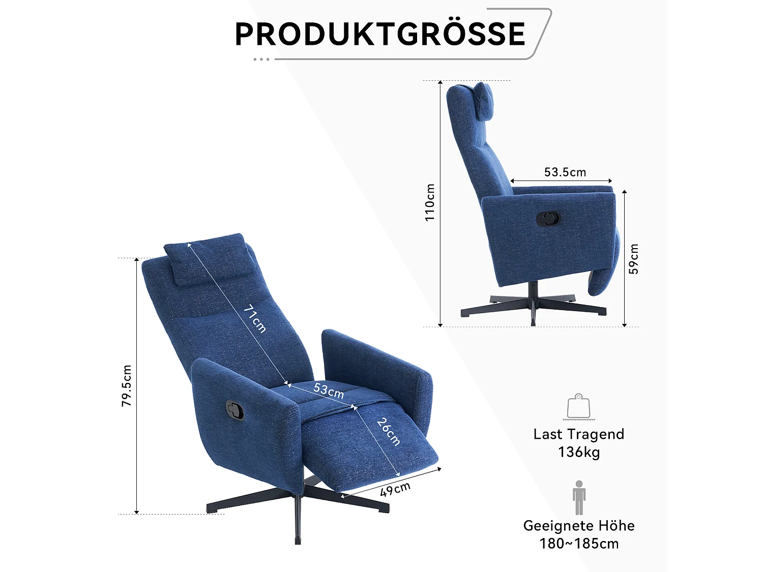 Fauteuil relax ciniglia inclinabile con riposo-pieds rotazione 360° pour salon chambre bleu