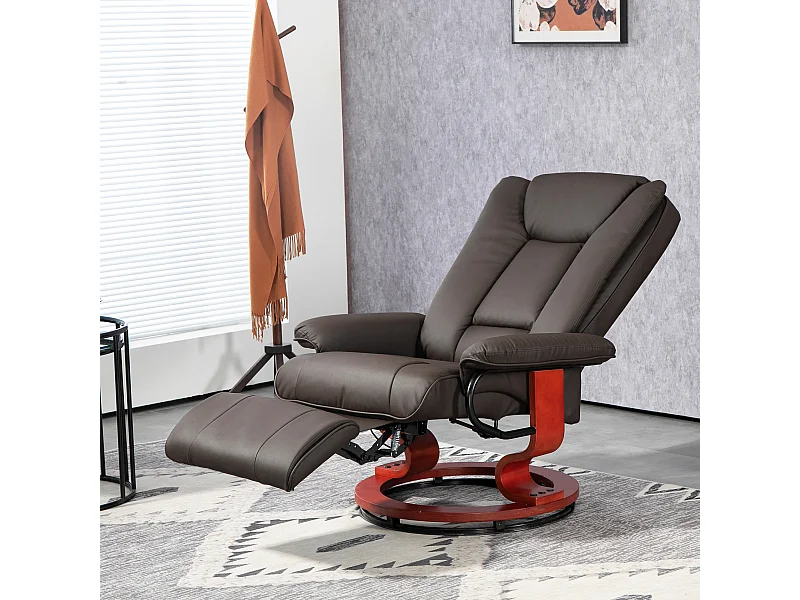 Fauteuil relax pivotant in pelle sintetica con dossier inclinabile e riposo-pieds, marrone