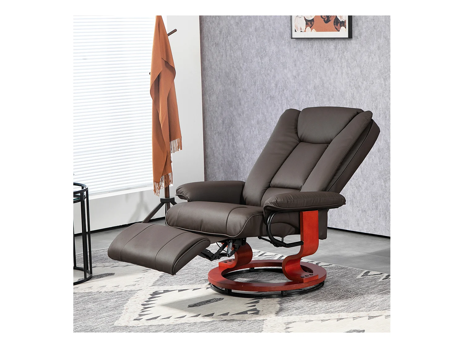 Fauteuil relax pivotant in pelle sintetica con dossier inclinabile e riposo-pieds, marrone