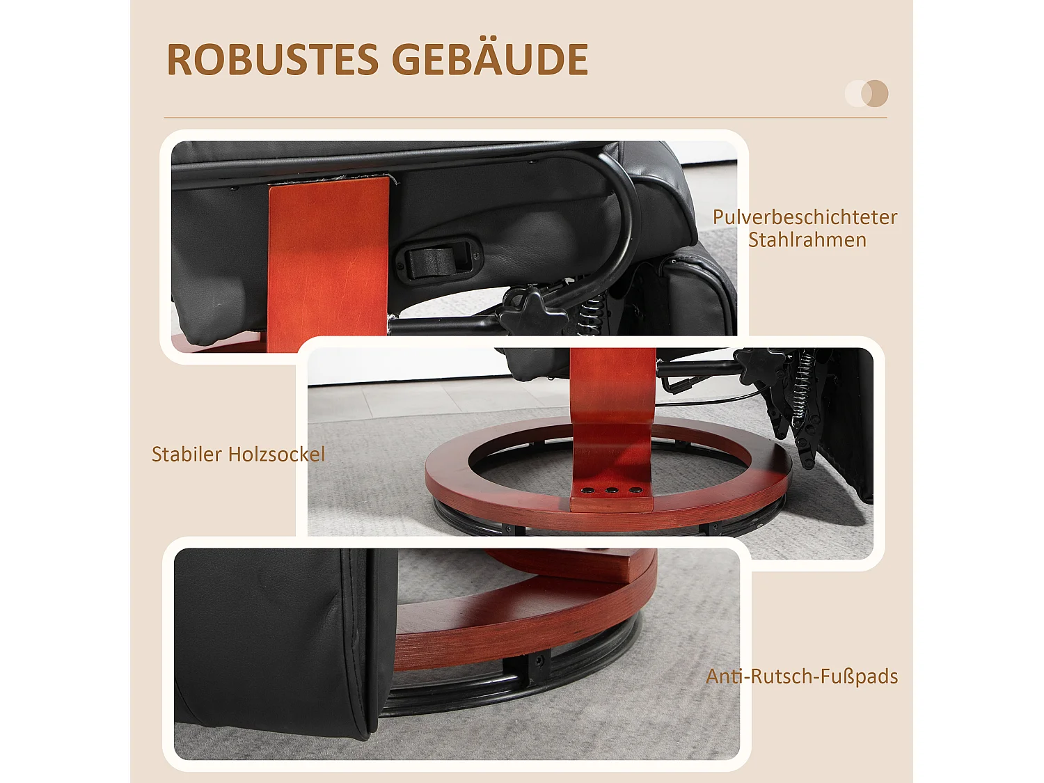 Sillón giratorio reclinable en piel sintética con respaldo y reposapiés reclinables, color marrón