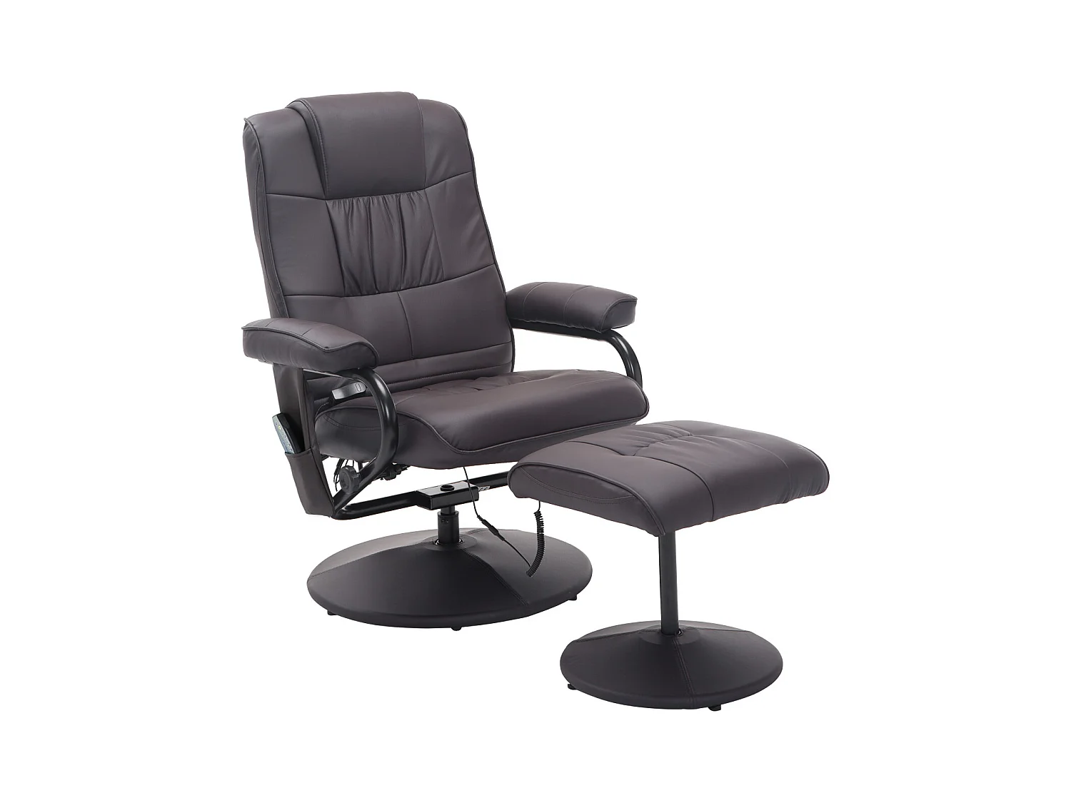 Sillón relax con masaje y puf giratorio de polipiel marrón con mando a distancia y respaldo reclinable