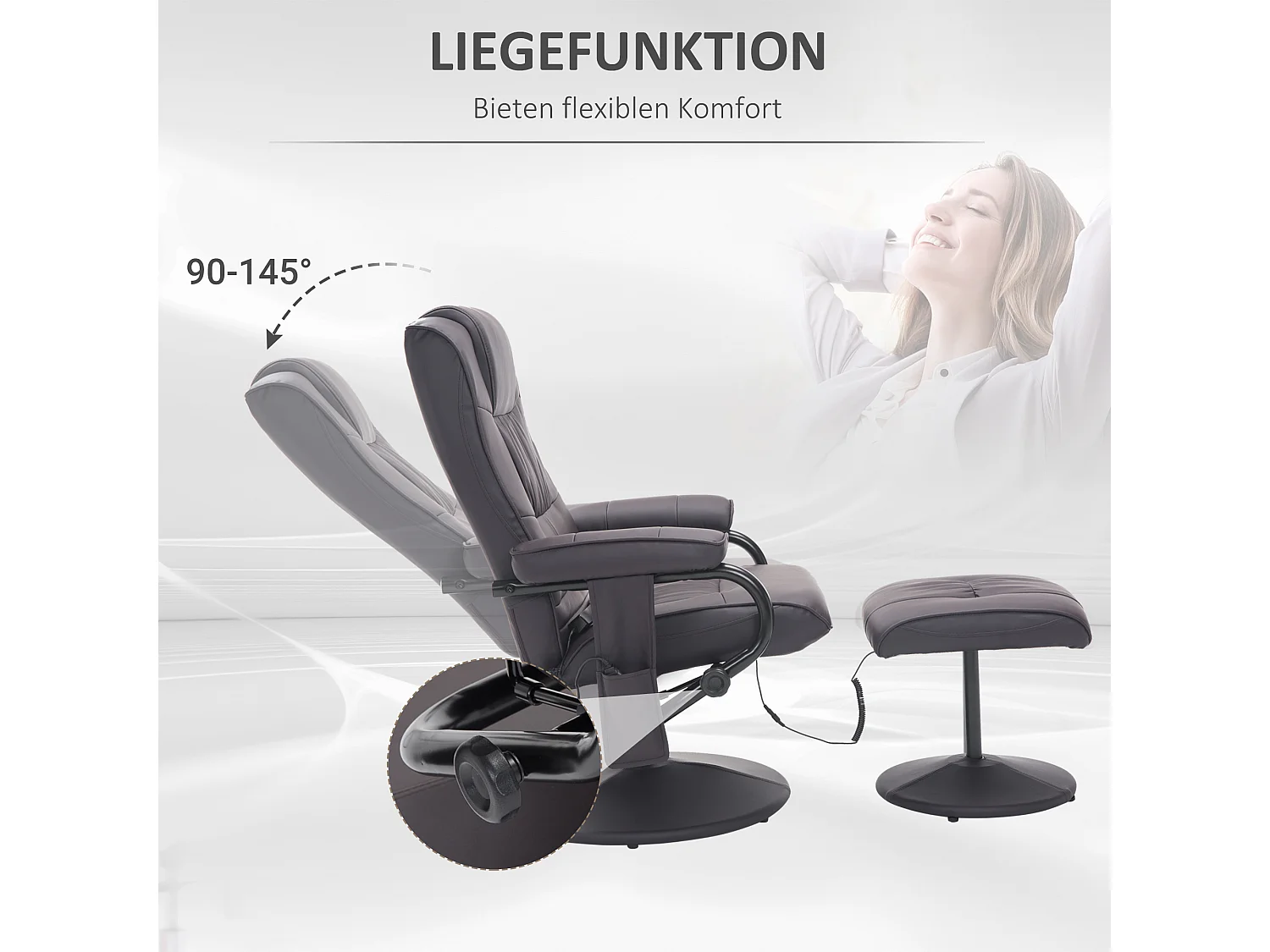 Sillón relax con masaje y puf giratorio de polipiel marrón con mando a distancia y respaldo reclinable