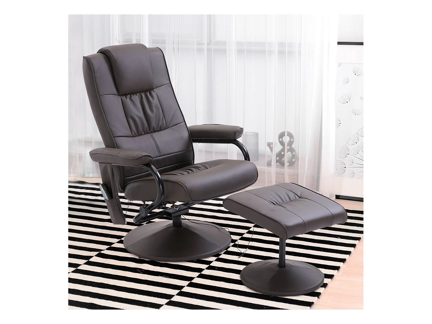 Poltrona relax con massaggio e pouf in simile cuoio marrone pivotante con telecomando e schienale inclinabile