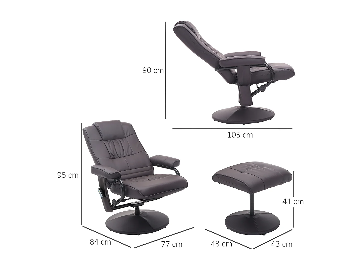 Poltrona relaxante com massagem e pufe giratório em couro sintético marrom com controle remoto e encosto reclinável