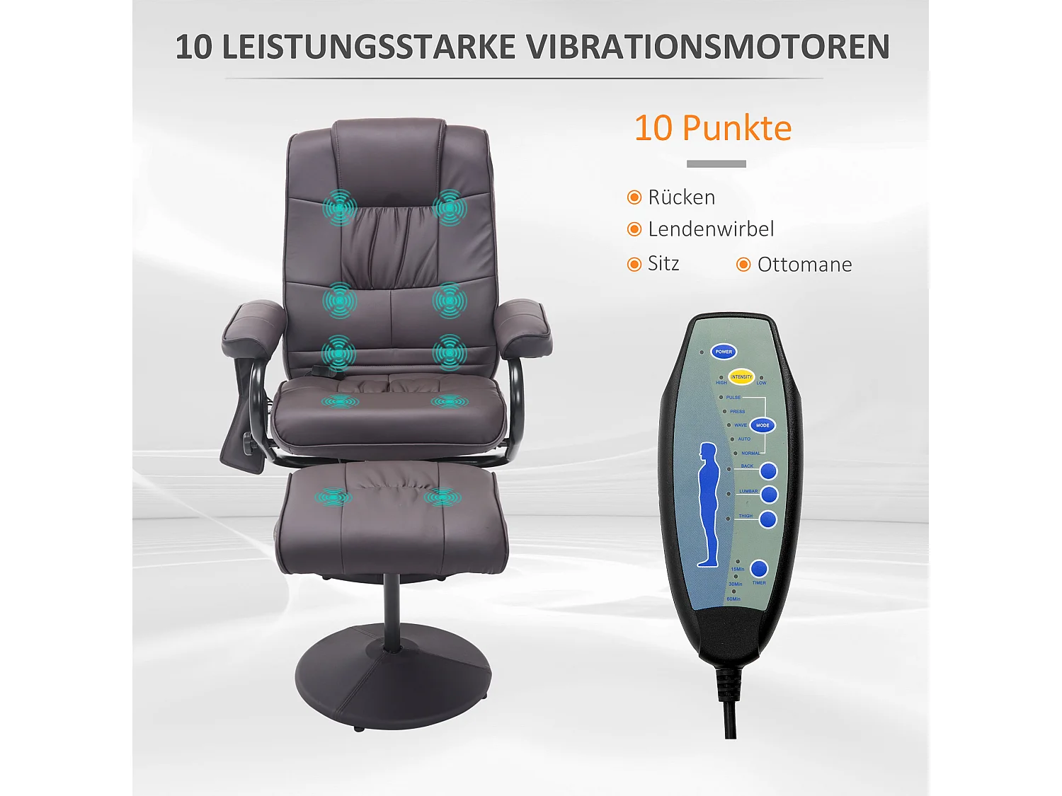 Poltrona relaxante com massagem e pufe giratório em couro sintético marrom com controle remoto e encosto reclinável