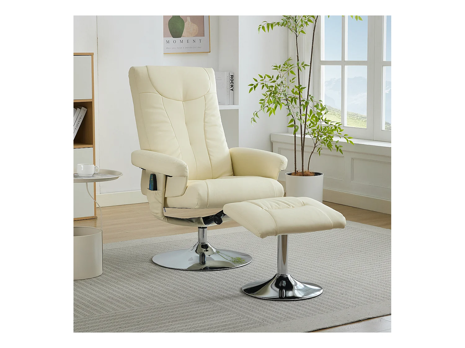Poltrona de massagem relaxante com aquecimento e apoio para os pés, giratória 360°, PU, ​​sala de estar e escritório, bege