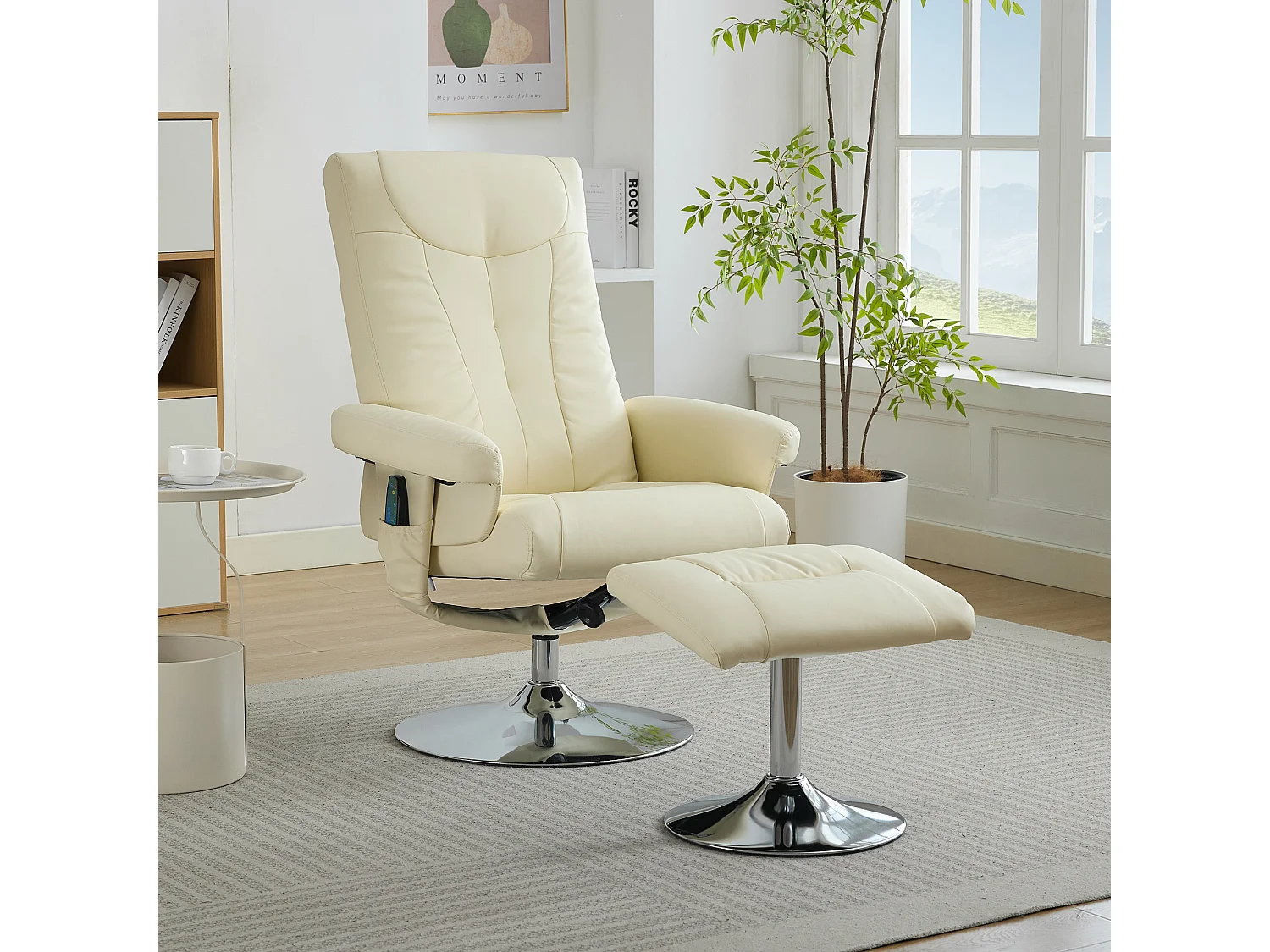 Fauteuil Relax Massant con Chauffage et Repose-Pieds, Pivot 360°, PU, ​​Salon et Bureau, Beige