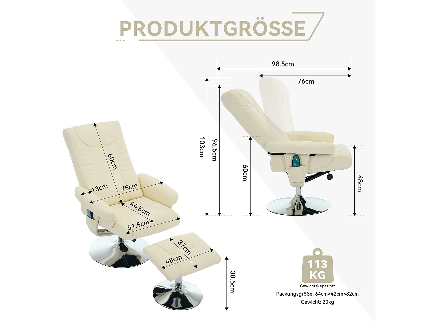 Fauteuil Relax Massant con Chauffage et Repose-Pieds, Pivot 360°, PU, ​​Salon et Bureau, Beige