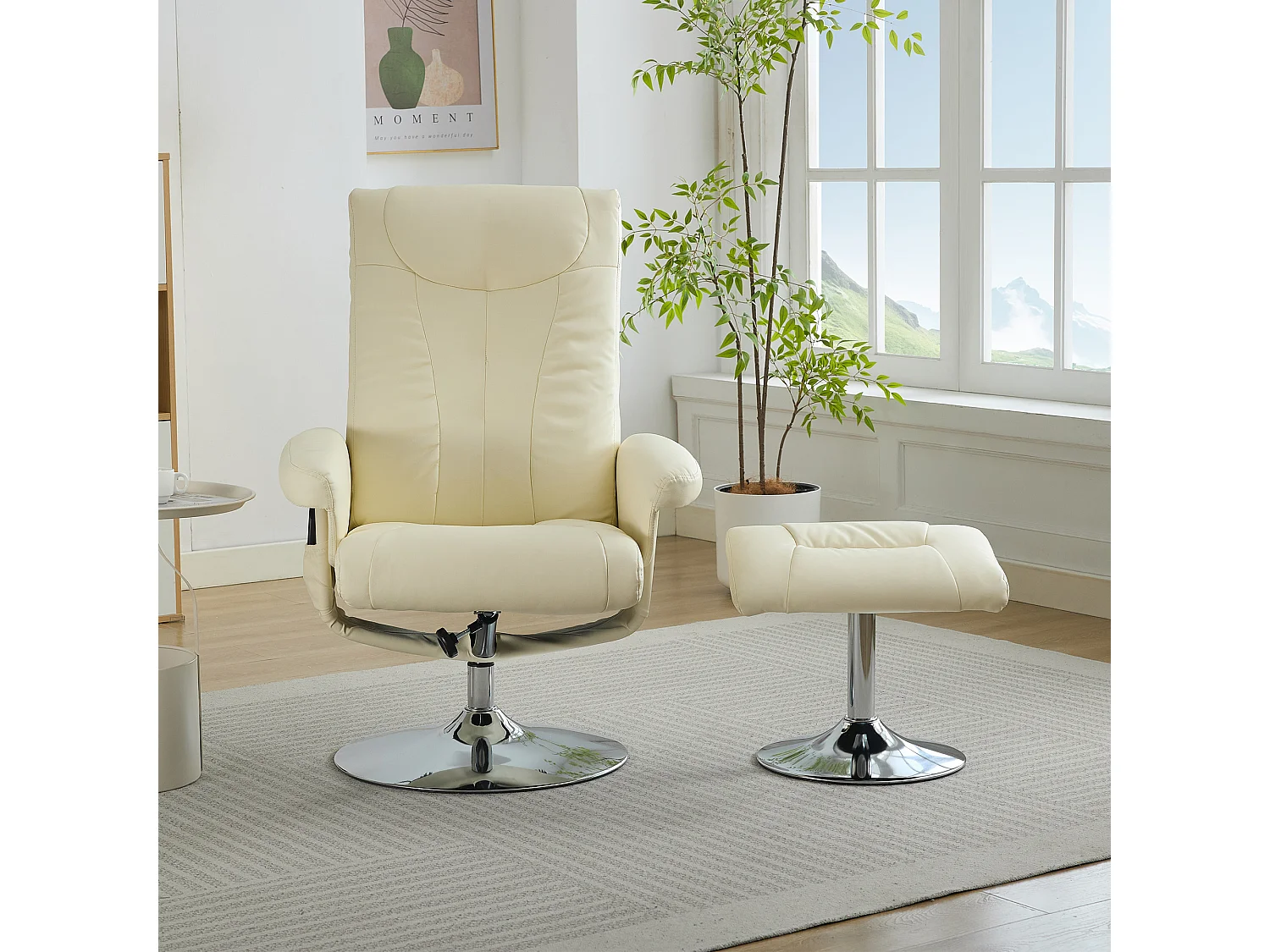 Fauteuil Relax Massant con Chauffage et Repose-Pieds, Pivot 360°, PU, ​​Salon et Bureau, Beige