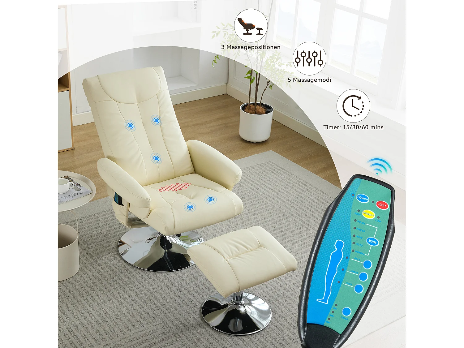 Fauteuil Relax Massant con Chauffage et Repose-Pieds, Pivot 360°, PU, ​​Salon et Bureau, Beige