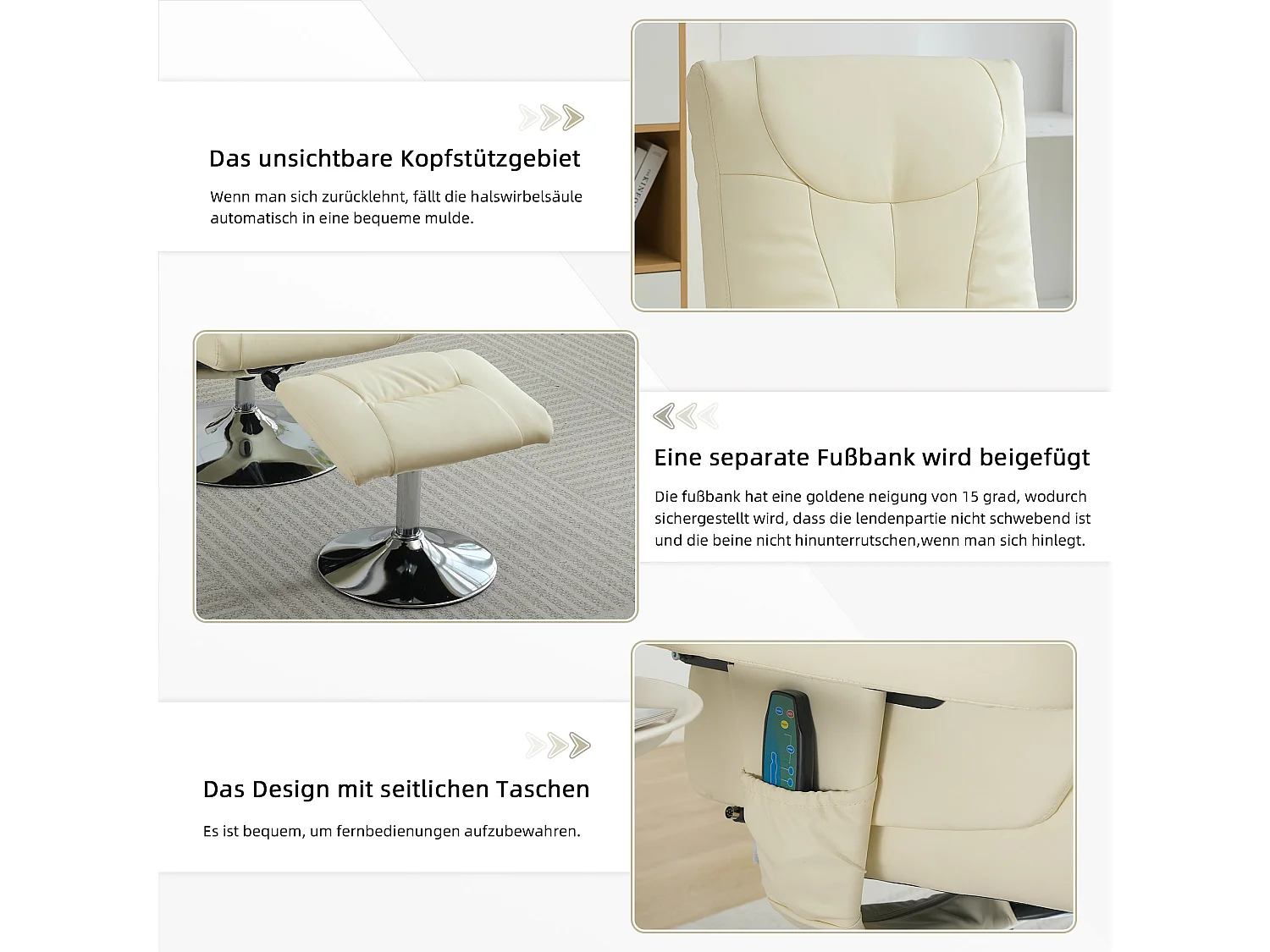 Fauteuil Relax Massant con Chauffage et Repose-Pieds, Pivot 360°, PU, ​​Salon et Bureau, Beige