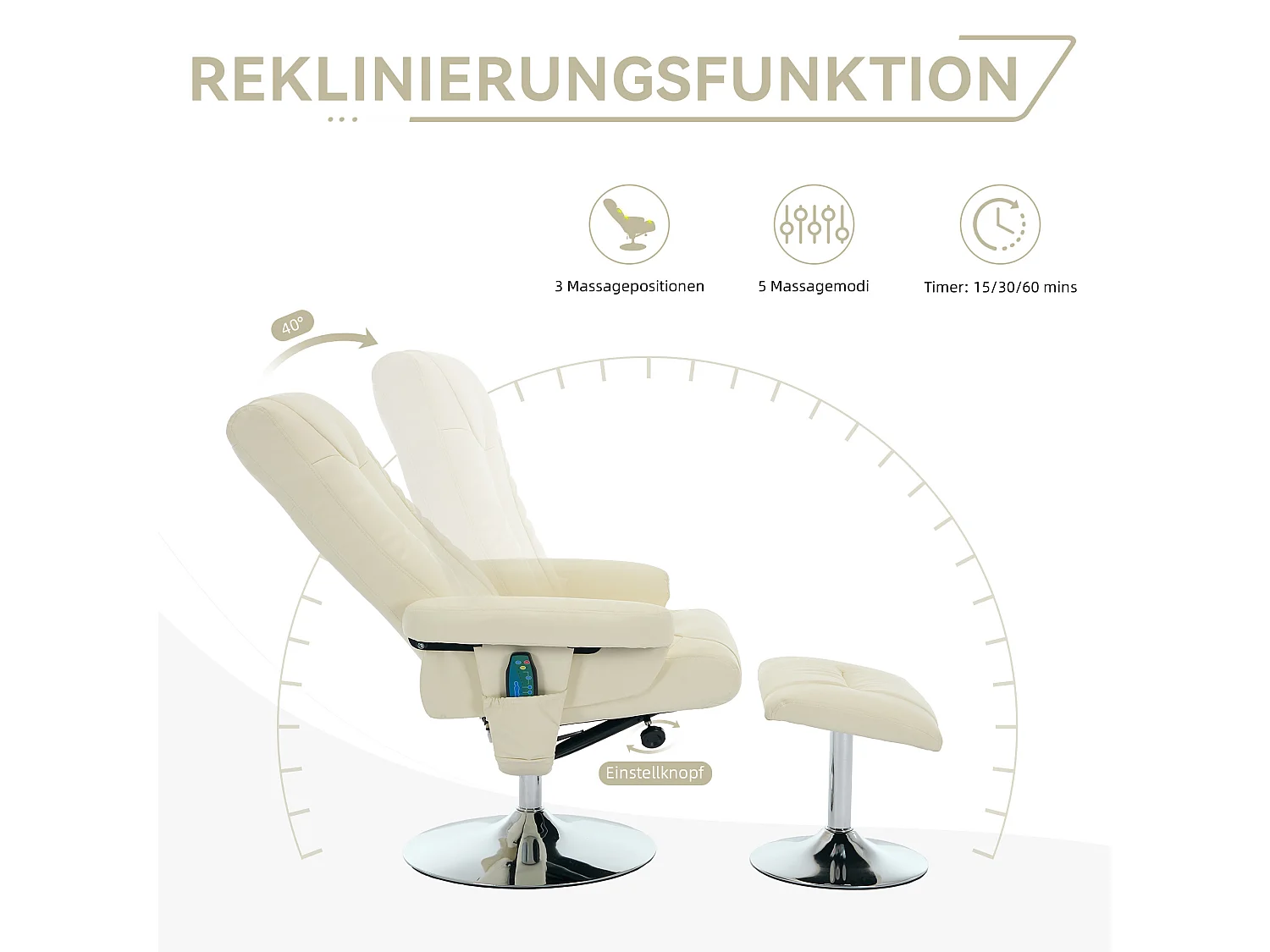 Fauteuil Relax Massant con Chauffage et Repose-Pieds, Pivot 360°, PU, ​​Salon et Bureau, Beige