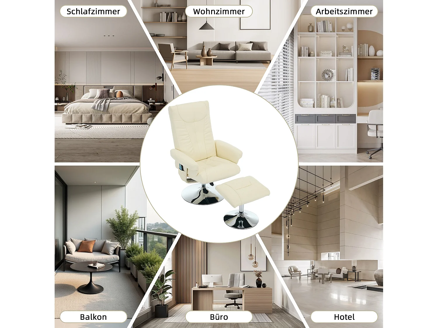 Fauteuil Relax Massant con Chauffage et Repose-Pieds, Pivot 360°, PU, ​​Salon et Bureau, Beige