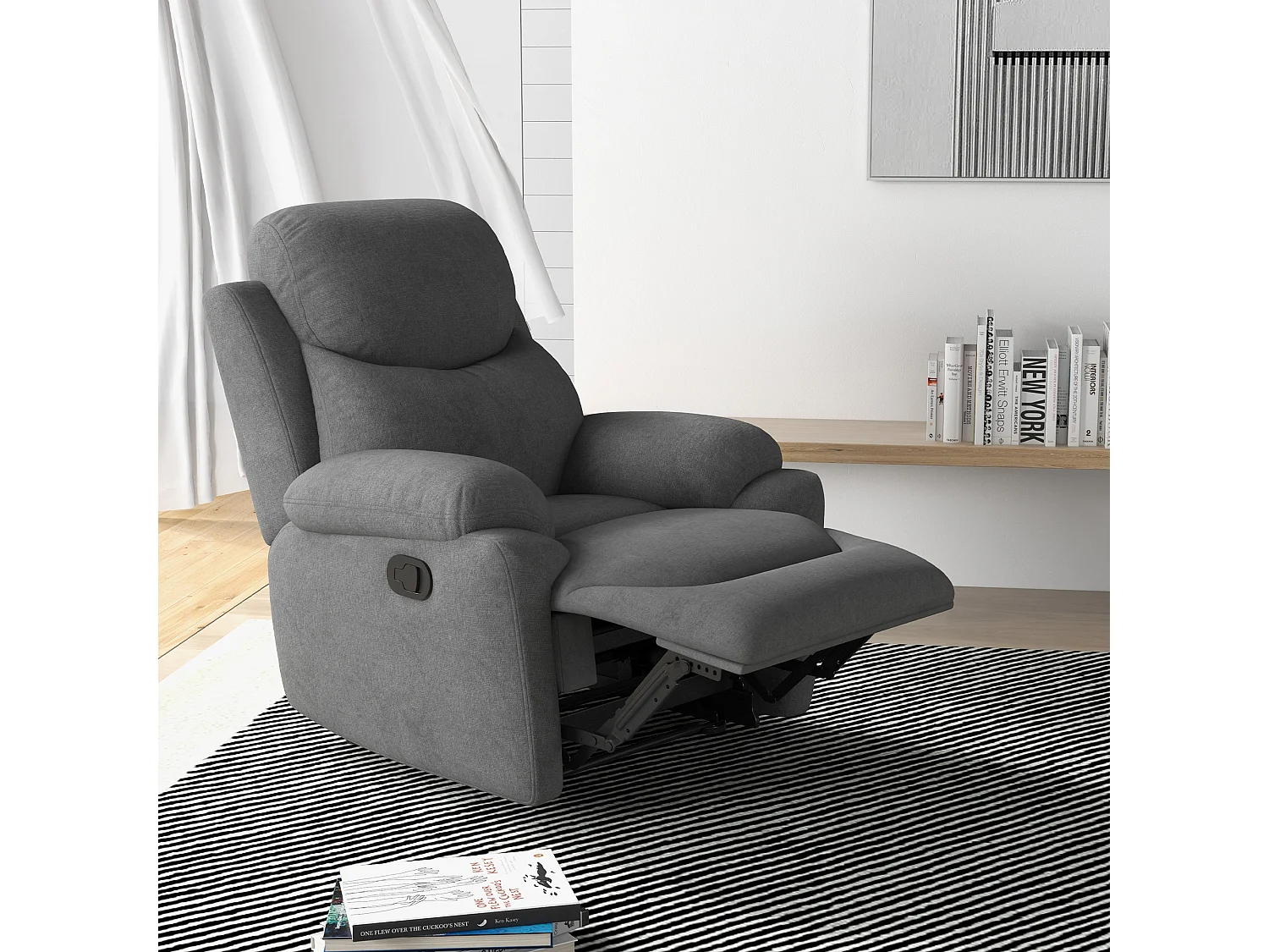 Poltrona reclinável em linho cinza 150° sala de TV quarto 93x88x102 cm