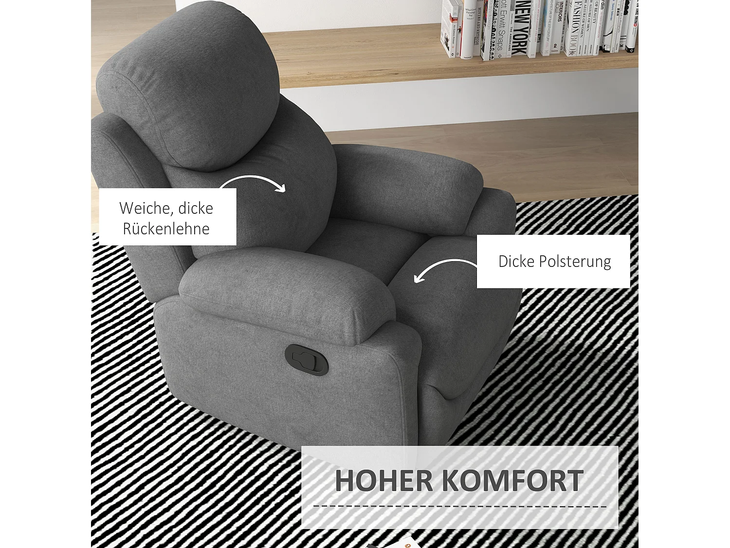 Poltrona reclinável em linho cinza 150° sala de TV quarto 93x88x102 cm