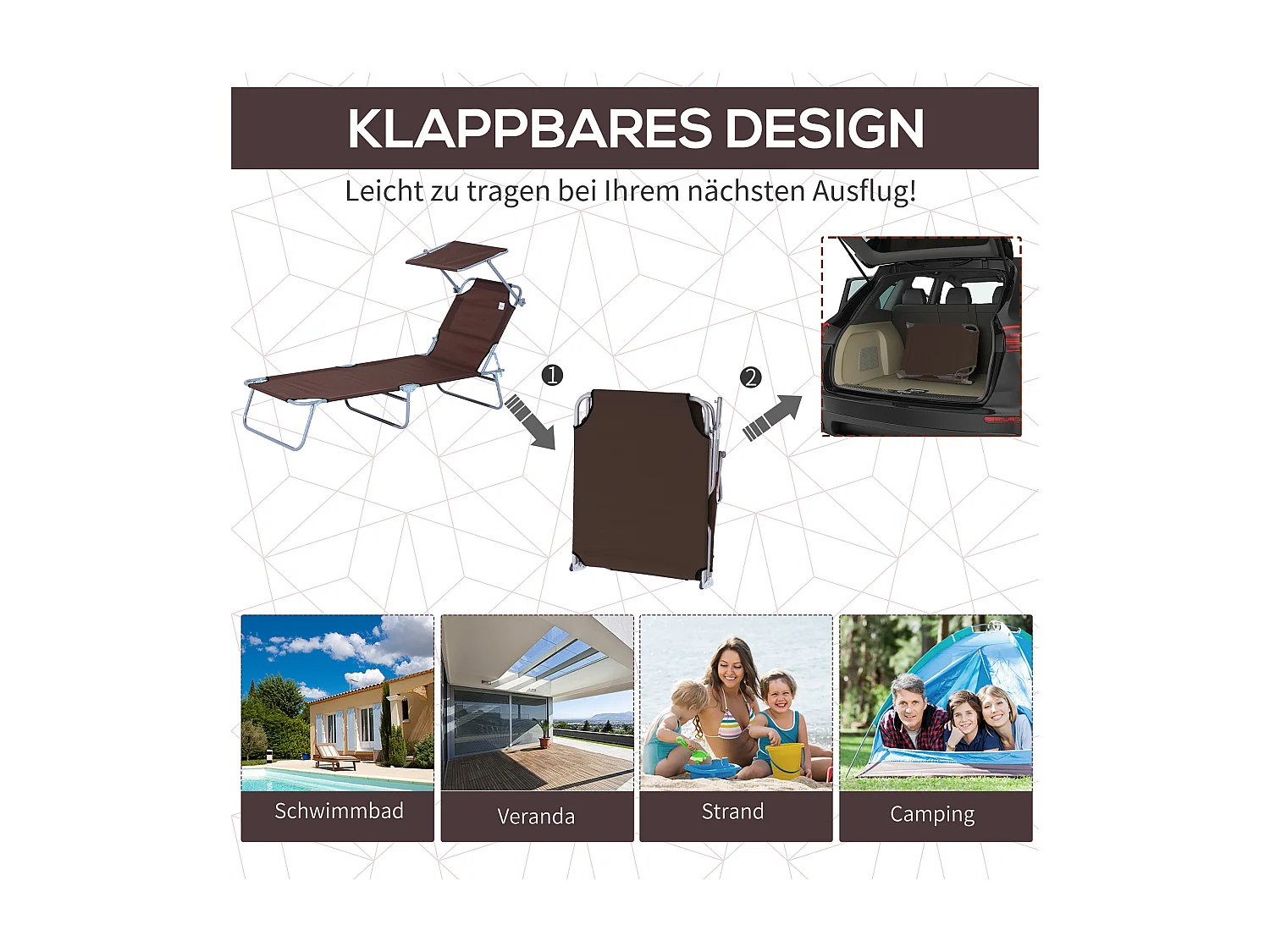 Tumbona plegable con parasol 187x58x36 cm, tumbona para terraza y balcón, color marrón