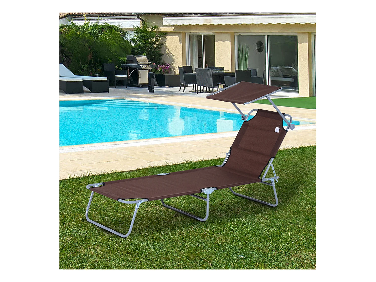 Transat pliable con pare‑soleil 187x58x36 cm, chaise longue terrasse e balcone, marrone