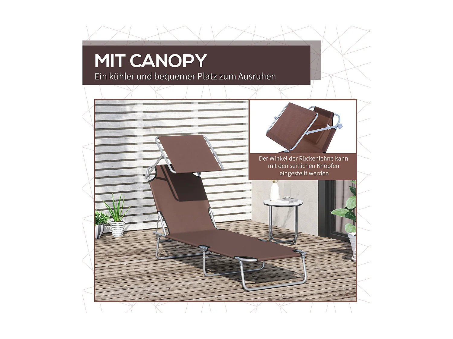Transat pliable con pare‑soleil 187x58x36 cm, chaise longue terrasse e balcone, marrone