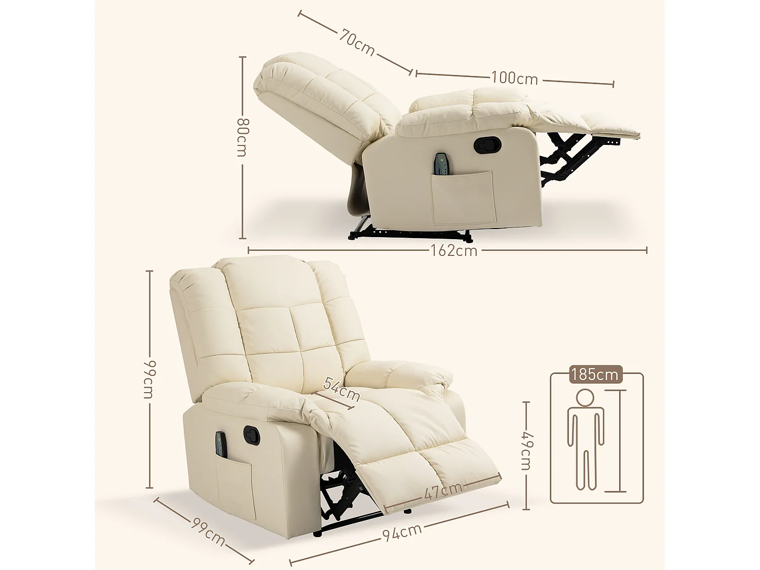 Rubinetto elettrico massante in cuoio sintetico con dossier inclinabile e poggiapiedi, crema, 94x99x99 cm