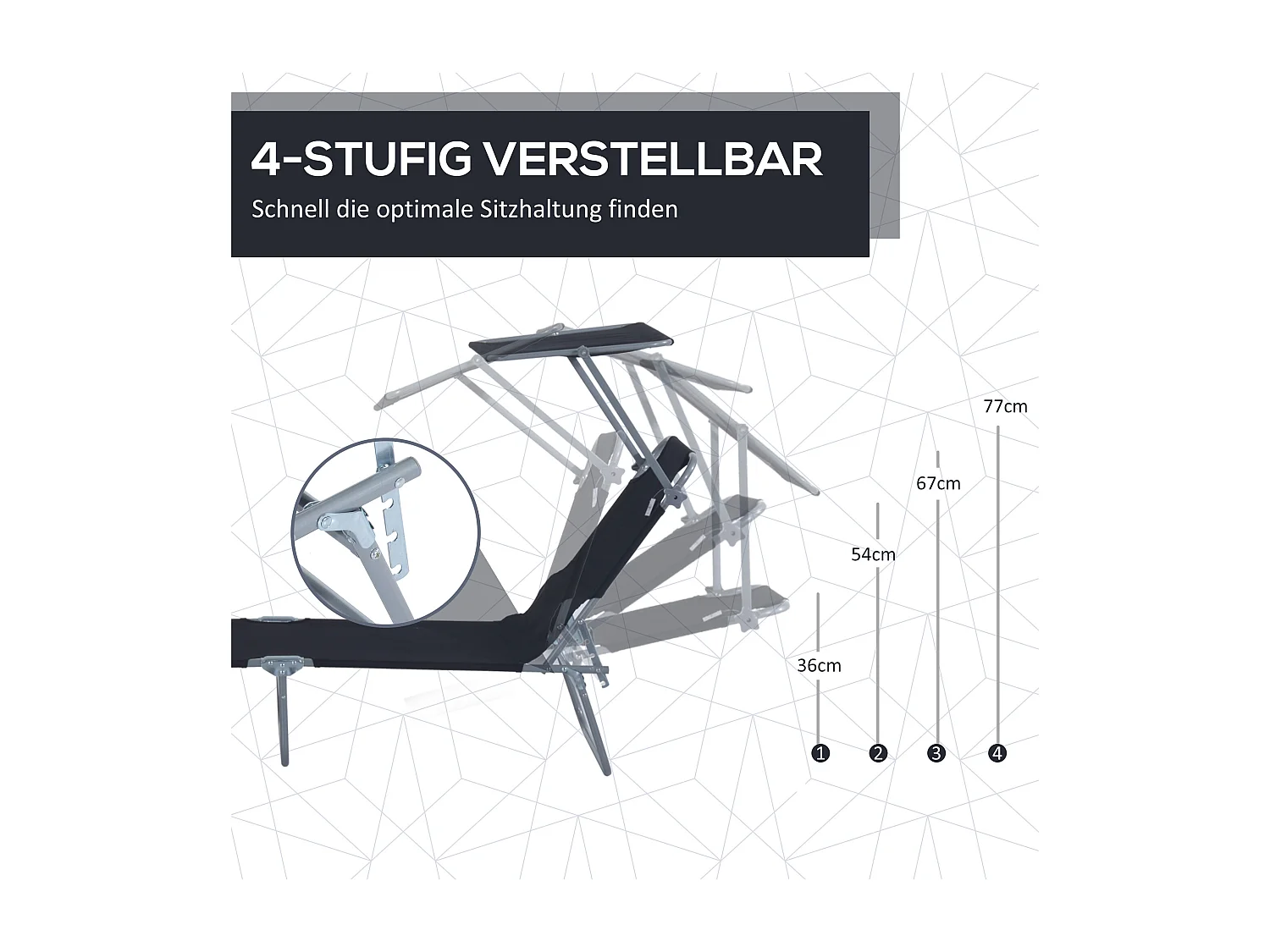 Tumbona plegable con parasol 187x58x36 cm, tumbona para terraza y balcón, color negro