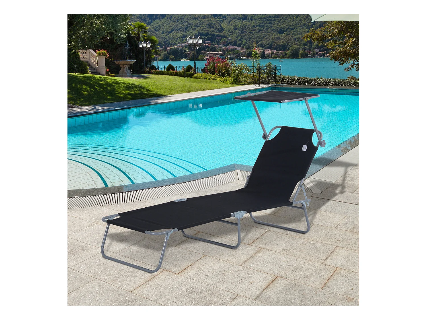 Transat pliable con pare‑soleil 187x58x36 cm, chaise longue terrasse e balcone, noir