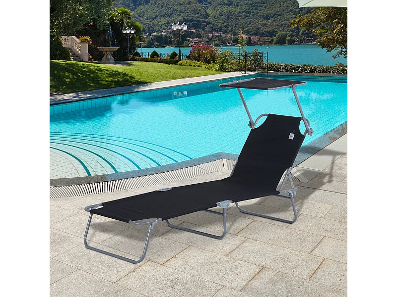 Transat pliable con pare‑soleil 187x58x36 cm, chaise longue terrasse e balcone, noir