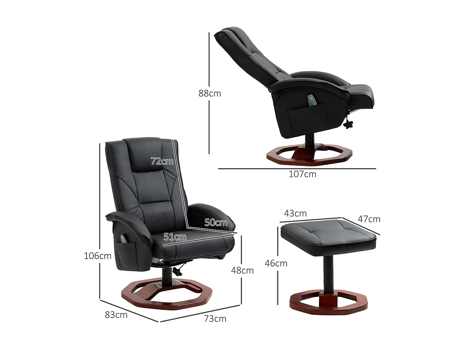 Poltrona de massagem 360° com apoio para os pés em couro sintético, 73x83x106 cm, relaxamento completo