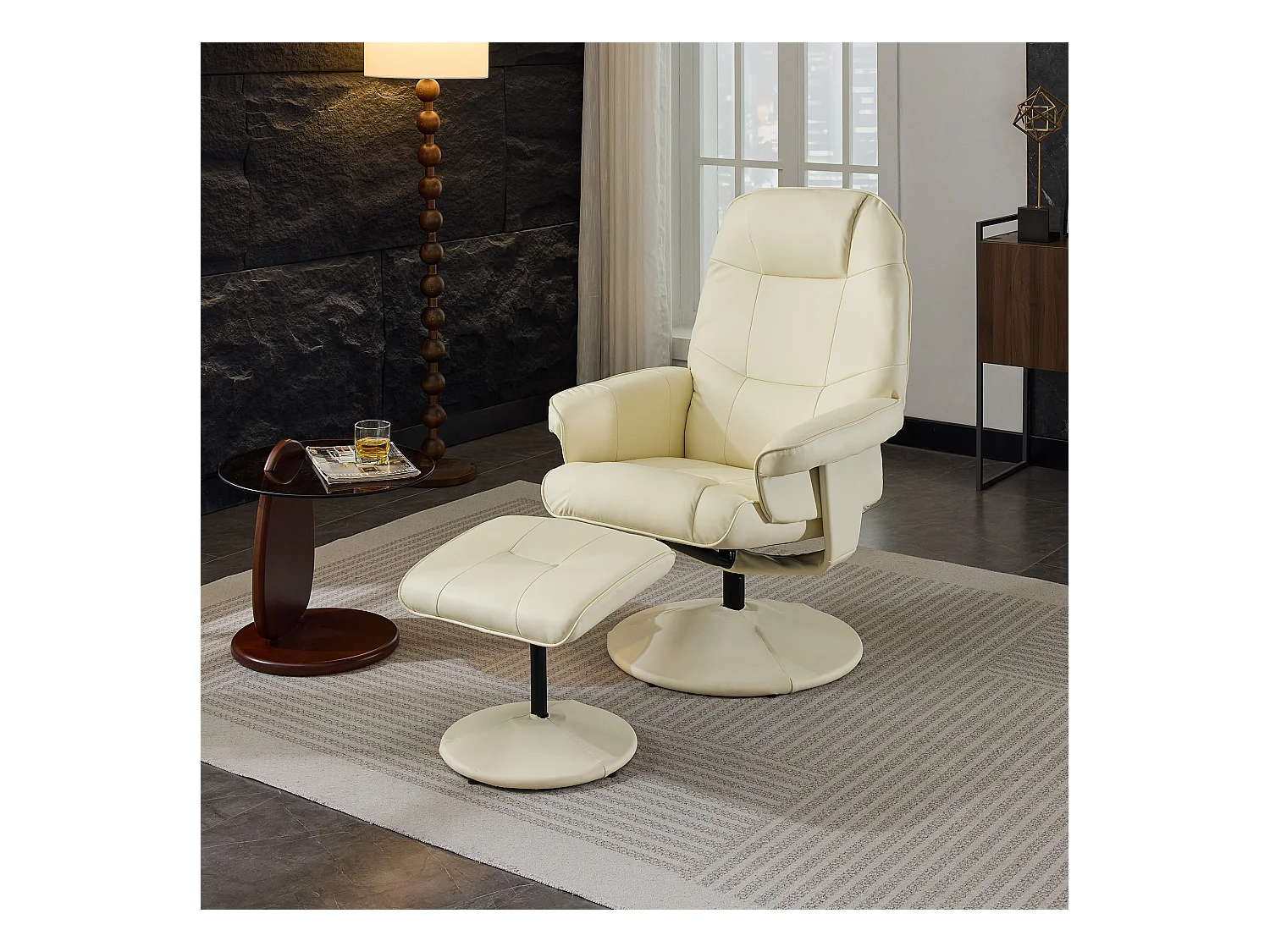 Poltrona da massaggio con poggiapiedi e chauffage, TV relax inclinabile in PU, girevole a 360°, salone e scrivania, beige