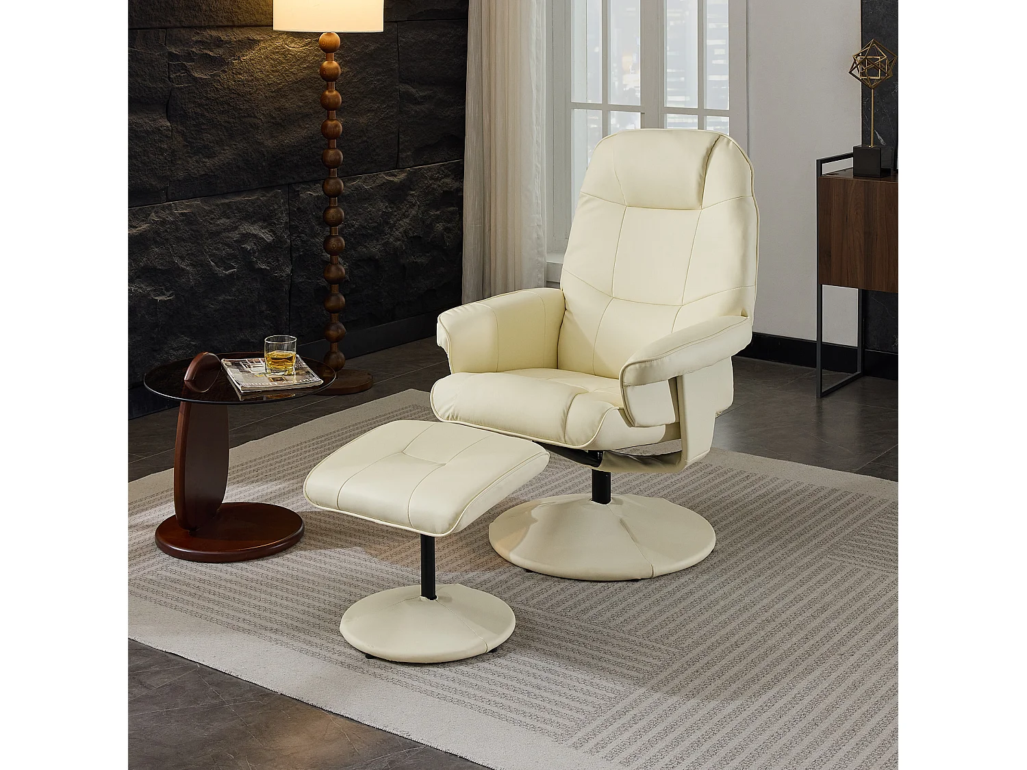 Poltrona da massaggio con poggiapiedi e chauffage, TV relax inclinabile in PU, girevole a 360°, salone e scrivania, beige