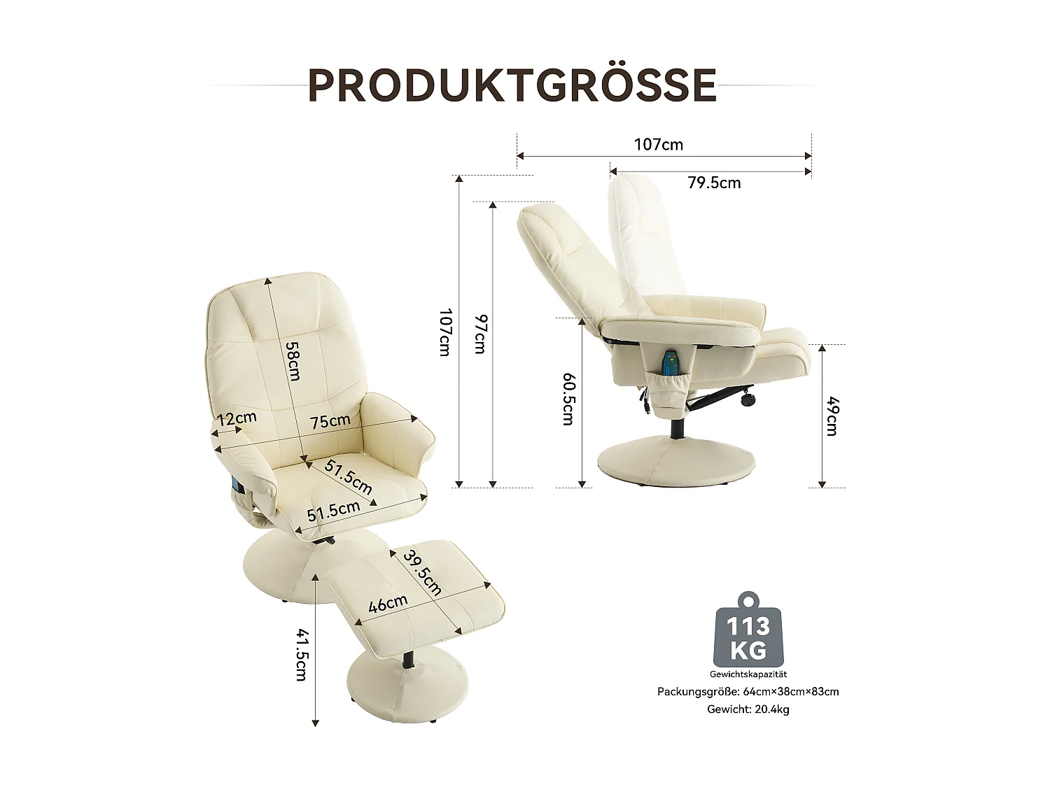 Poltrona da massaggio con poggiapiedi e chauffage, TV relax inclinabile in PU, girevole a 360°, salone e scrivania, beige