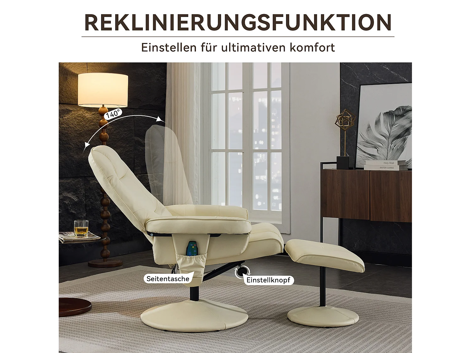 Poltrona da massaggio con poggiapiedi e chauffage, TV relax inclinabile in PU, girevole a 360°, salone e scrivania, beige