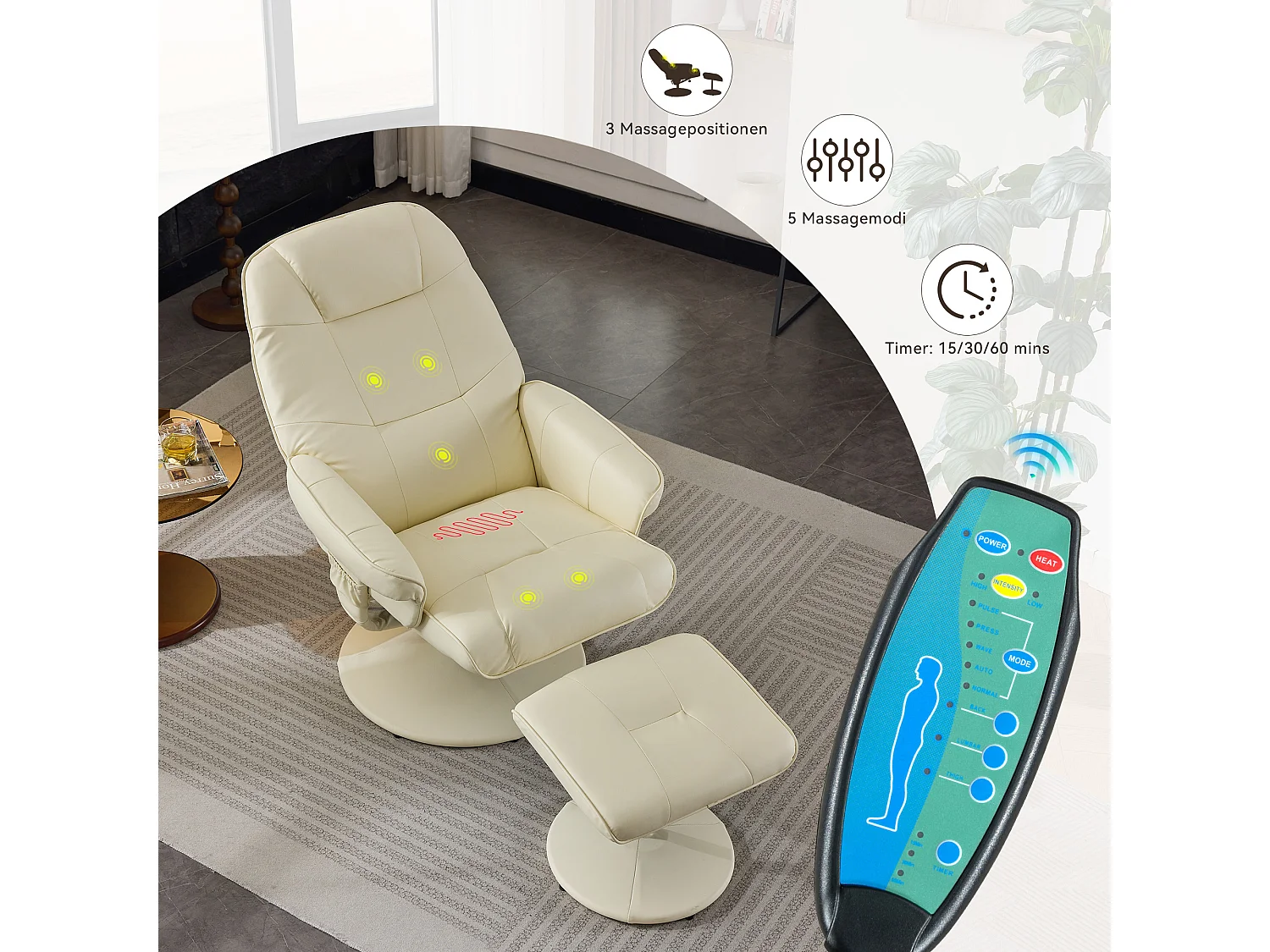 Poltrona da massaggio con poggiapiedi e chauffage, TV relax inclinabile in PU, girevole a 360°, salone e scrivania, beige